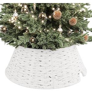 ELYKEN 13 Inch Small Christmas Tree Collar, White Woven Xmas Tree Skirt for Artificial Trees, Rustic Farmhouse Wicker Tree Base Cover with Cord Cut-Out for mini Pencil Silm Trees Xmas Decor (Cream Cotton Rope)