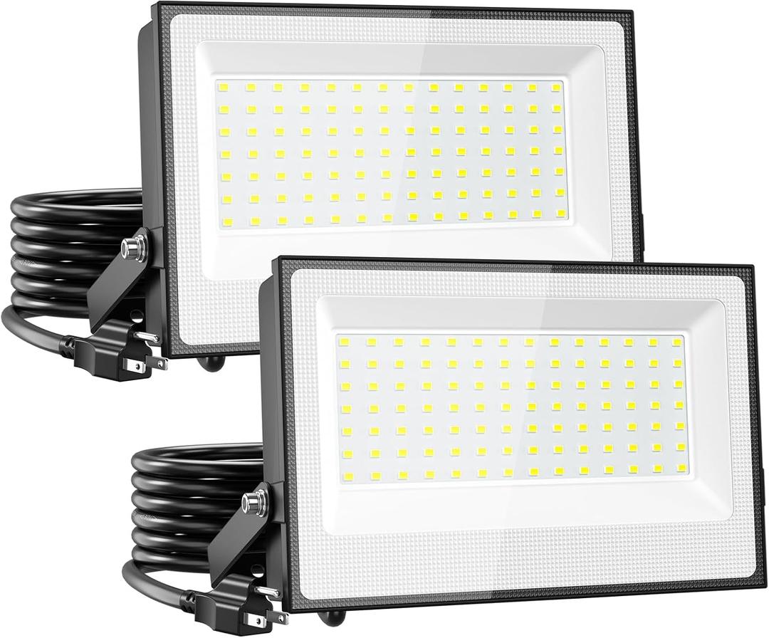 Onforu 120W Flood Lights Outdoor, 12000lm Bright LED Work Light with Plug, 6500K Daylight White LED Flood Lighting, IP66 Waterproof Security Yard Lights for Yard Garage Stadium 2 Pack (Black)
