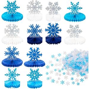 Frozen Winter Wonderland Party Decorations - 18Pcs Blue White Snowflake Honeycomb Table Centerpieces and 600pcs Snowflake Confetti for Christmas Holiday Winter Birthday Baby Shower Party Supplies