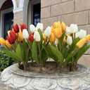 Artificial Fake Flowers for Spring Summer Outdoor Decoration,6 Bundles Shyshining Realistic UV Resistant Silk Fabric Colorful Tulip Faux Plants for outside Planter Home Porch Patio Decor(White Orange)