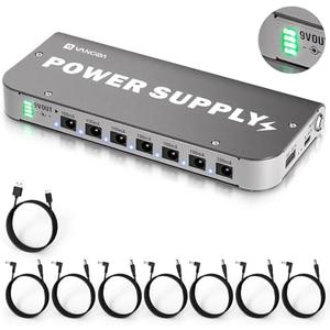 Vangoa Built-in 4600mAh Rechargeable Guitar Pedal Power Supply with Battery Indicator 7 Outputs DC 9V, 300mA, 100mA, 5V/1A USB Port, Pedal Board Power Supply with Short-Circuit Protection, PS-01