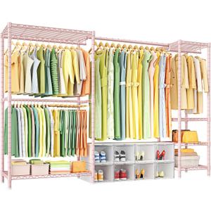 E10 Clothes Rack（With Stretchable Hanger Rod）Freestanding Clothing Racks for Hanging Clothes，Adjustable Closet Organizer System，Portable Garment Rack 73-97"W x 15" D x 72" H，Max Load 800LBS，Pink