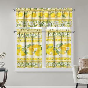 Lemon Kitchen Curtains Sets for Windows Lemon Summer Curtain Sink Window Valance 3 Piece Set Yellow Kitchen Decor Tier Curtains 3 Panels for Living Room Bedroom