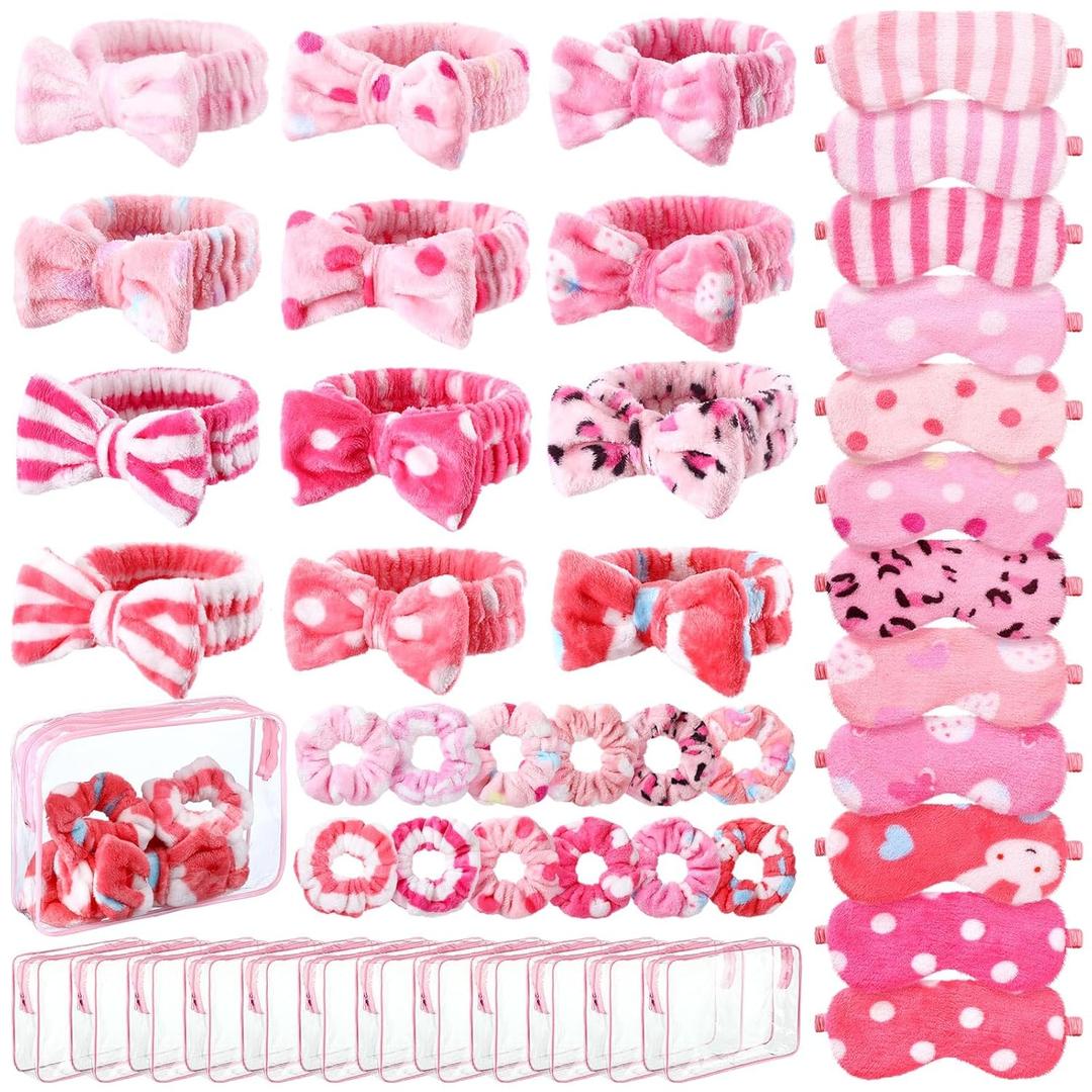Kajaia 48 Pcs Sleepover Party Supplies for Women Slumber Party Supplies for Girls Spa Favor Headband Eye Mask Hair Scrunchies Toiletry Bag(Pink,Lovely)