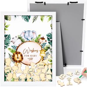 Unittype 71 Pcs 15.8 x 11.8 x 0.6inch Baby Shower Guest Book Alternative with 70 Wood Slices Set Baby Shower Decoration Photo Frame Signature Keepsakes for Birthday Table Centerpiece(Green,Animal)