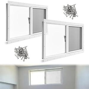 Kathfly 2 Pack Basement Home Window 32" x 14" Mini Basement Windows Replacement with Glass Block Screen and Screws for Home Sheds Barns (White)