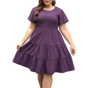 Celkuser Plus Size Casual Summer Smocked Dresses for Curvy Women Boho Tiered Crew Neck with Pockets cel176_Purple_2XL