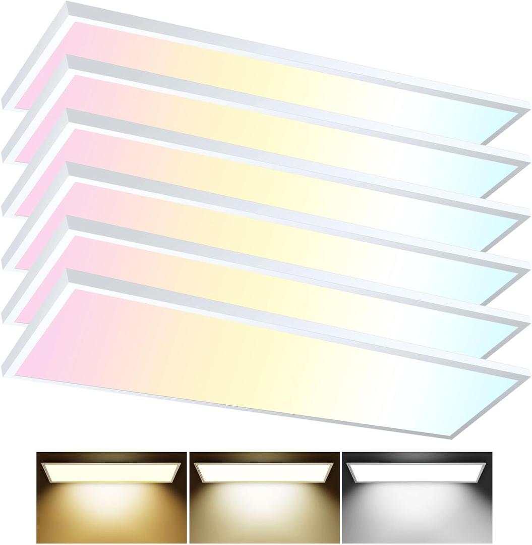 AIKVSXER 6PACK 1x4 LED Flat Panel Light Surface Mount LED Ceiling Light, 5500LM 50W TRIAC 10-100% Dimmable, 3000/4000/5000K AC120V Kitchen Lights Ceiling Flush Mount for Garage/Basement/Laundry