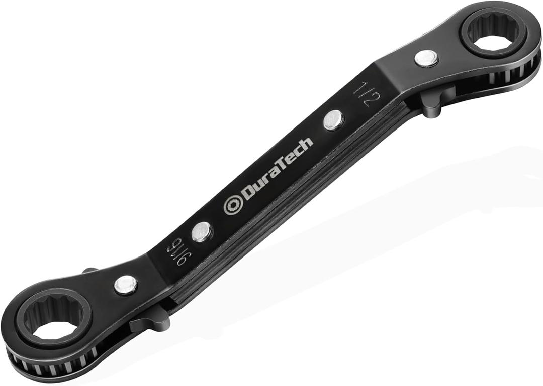 DURATECH 1/2 Inch x9/16 Inch Double Offset Box End Reversible Ratcheting Wrench, SAE, Heavy-duty, Matte Chrome Plated, Ratchet Spanner Crooked for Narrow Spaces