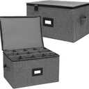 Wine Glass Storage Box 2 Pack, Hard Top Stemware Storage Cases Containers , Stackable Crystal Glass Storage Containers for 24 Glassware Drinkware, with Handles for Moving/Home, 17"x13"x10" Black