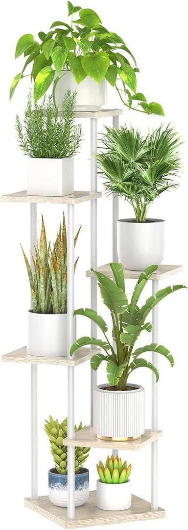 6 Tier Tall Plant Stand Indoor, Large Metal Wood Muti Level Vertical Planter Shelf Orchid Holder for Narrow Corner, Sturdy Heavy Duty Flower Display Rack for House Decor Living Room Bedroom, White