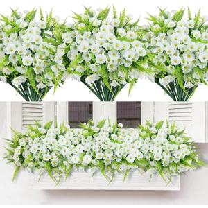 Artificial Flowers for Outdoors 12 Bundles White Artificial Petunias Fake Flowers UV Resistant Shrubs Plants with Fern for Indoor Outside Hanging Planters Home Garden Spring Summer Decorations