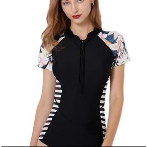 Micosuza Womens Rash Guard Short Sleeve Zip Printed One Piece Swimsuit, M