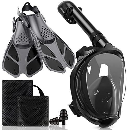 Viginsul Mask Fins Snorkeling Gear for Adults, Full Face Snorkel Mask & Adjustable Swim Fins Snorkel Set, Panoramic View Snorkel Mask Dry Top Anti-Fog Anti-Leak S/M