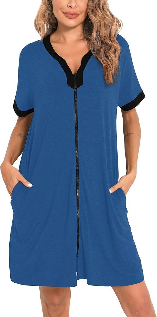 Women Zipper Front House Coat Short Sleeves Robe Zip up Bathrobes Short Nightgown with Pockets Medium, Peacock Blue 