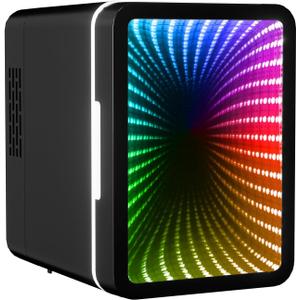 Mini Fridge, 6 Cans Small Refrigerator With LED Light, AC/DC Thermoelectric Cooler and Warmer, Ideal for Bedroom, Office, Gaming Room and Car, 12 Colors Light Effects, Mirror Screen Door