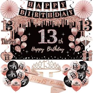 13th Birthday Decorations for Girls, 33pcs It's My 13th Birthday Crown and Sash, Black Rose Gold 13 th Banner Balloons Backdrop Hanging Swirls Paper Fans, 13 Years Old Party Supplies