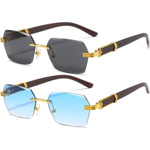 AIEYEZO Retro Rimless Sunglasses Rectangle Unisex Vintage Frameless Sun Glasses Fashion Square Tinted Glasses (2 Pack (Gold/Grey + Gold/Blue Gradient))