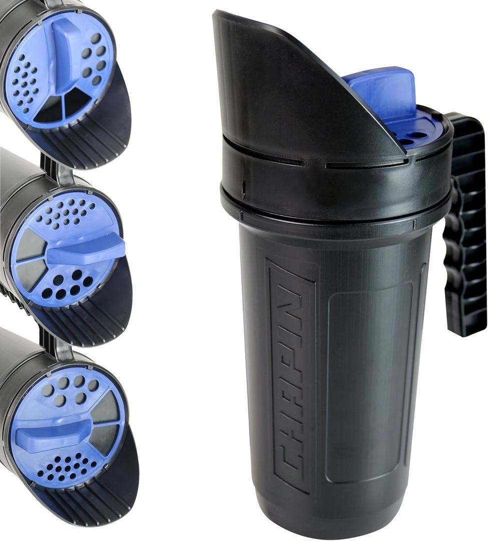 Chapin 8740A: 64-Ounce Black Poly Hand Shaker Spreader for Turf, Fertilizer, Grass Seed, Salt and Sand, Year-Round Use, Large Grip Handle with 3 Openings for Pellets and Particles (No Size)