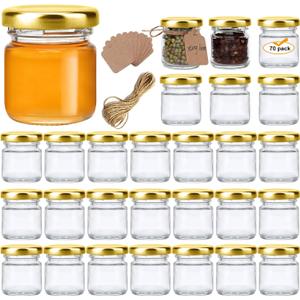 Encheng 1.5oz Mini Glass Jars Bulk Set of 70,Round Small 45ml Honey Jars with Golden Lids,Clear Mini Storage Canning Jar for Candle Making,Spice,Jelly,Jam,Wedding,Party Favor