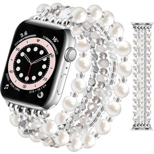 JR.DM Beaded Bracelet Bands for women Compatible with Apple Watch  41/40/38/42mm(S10/11)-S Fashion Cute Dressy Stretchy Handmade Strap for iWatch Series (Pearl White)