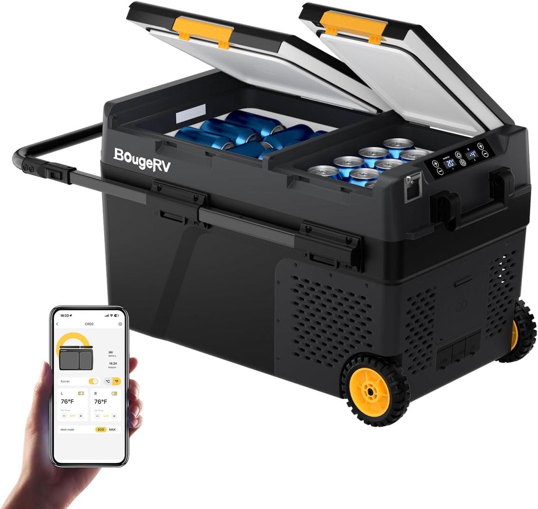 BougeRV 12 Volt Car Refrigerator, CRD2 43 Quart Portable Fridge Freezer with APP Control, -4 to 68 Dual Zone Compressor Electric Cooler 12/24V DC, 110~240V AC for Overlanding, Camping, RV, Truck