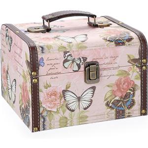 ELLDOO Decorative Treasure Chest Box, Wooden + PU Leather Storage Box for Jewelry Trinkets, Keepsakes box for Girls Women Gifts (Butterfly Pattern, Large)