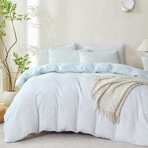 Comforter Queen Set Light Blue Striped Soft Luxury Washed Microfiber Jacquard 3 Pieces Bedding, White Light Blue Vertical Ticking Stripes Comforter with 2 Pillowcases Breathable Durable Comfy