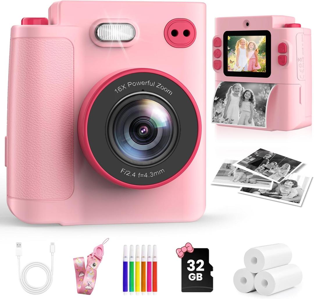 Kids Camera Toys for 3 4 5 6 7 8 9 10 Year Old Girls Boys, Christmas Birthday Gift with 1080P HD Digital Camera, 32GB SD Card, Selfie Mode, Fun Filters, Portable Travel Toy - Pink