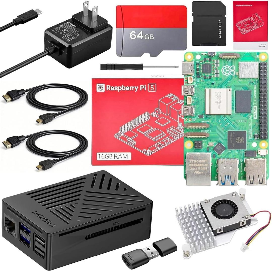 Raspberry Pi 5 16GB Starter Kit with Raspberry Pi 5 Board(16GB RAM),64GB Card Readers Kit,GaN 27W 5.1V 5A Power Supply,ABS Protective case,Active Cooler,4K Micro HD Out Cable,Driver,Manual