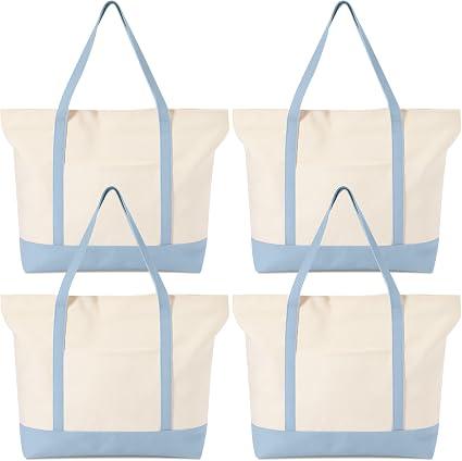 Sunnymove 4 Pcs Large Canvas Tote Bags Bulk with Top Zipper Closure, Reusable Grocery Shopping Bags, Bachelorette Party DIY Gifts (21" X 15" X 6",Light Blue)