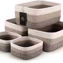 5-Pack Small Woven Rope Storage Baskets – 2 Sizes Organizer Bins for Closet, Shelf, Bookshelf, Nursery, Changing Table, Fabric Cube Boxes, Rectangular Shallow Bins for Bathroom, Toy & Home