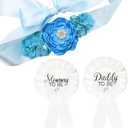 CoolerthingsDG, 3pcs 2 badges and a belt Blue, Baby Blue Maternity Sash & Daddy to Be Corsage Set - Baby Shower Sash Baby Boy Pregnancy Sash Keepsake Baby Shower Flower Belly Belt