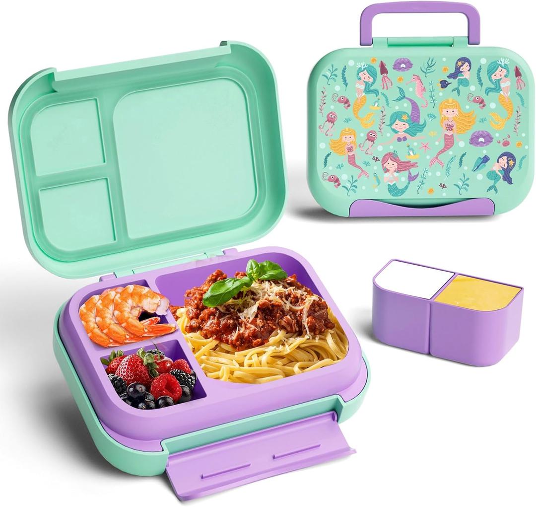 Kids Bento Lunch Box, 5-Compartment Leakproof Container with handle Movable Snack Box BPA-Free, Dishwasher & Microwave Safe Utensils Included for Kids/Adults | School, Office & Travel | Green