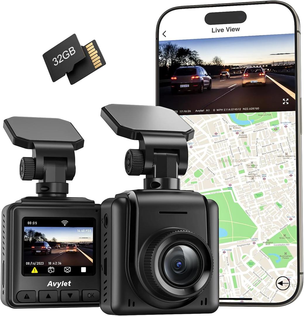 2K Dash Cam with 32 GB Card, Built-in WiFi Dash Camera for Cars, Front Dashcams for Cars with APP, WDR, Night Vision, 24 Hours Parking Monitor, G-Sensor, Loop Recording