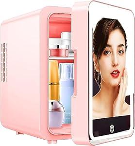 Skincare Fridge with Dimmable LED Light Mirror, 4L Mini Fridge For Desktop, Travel or Cool & Heat, Makeup Fridge for Cosmetics, Skin Care and Food, Green