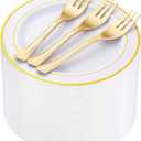 WELLIFE 120 PCS Plastic Dessert Plates and 120 PCS Forks, 6.3 inch Disposable Salad Plate, Premium White Appetizer Plates with Gold Rims Perfect for Parties, Weddings