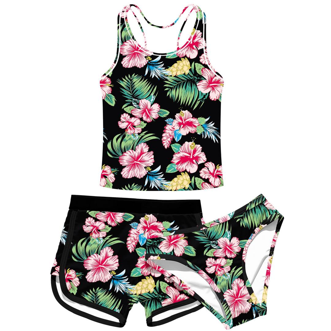 uideazone Girls 3 Piece Bathing Suit Summer UPF 50+ Racerback Swimsuit with Shorts Beach Tankini Sets 8-16 Years Old 