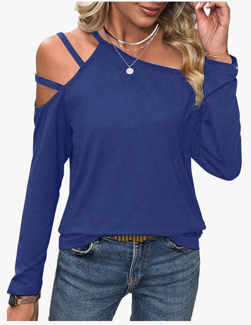 LilyCoco Women's Cold Shoulder Long Sleeve Top Asymmetrical Loose Casual Shirts, M