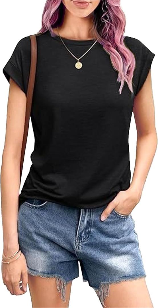 Short Sleeve Shirts for Women Crew Neck Tee - Fashion Summer Spring Cap Sleeve Tops for Women 2 pcs L