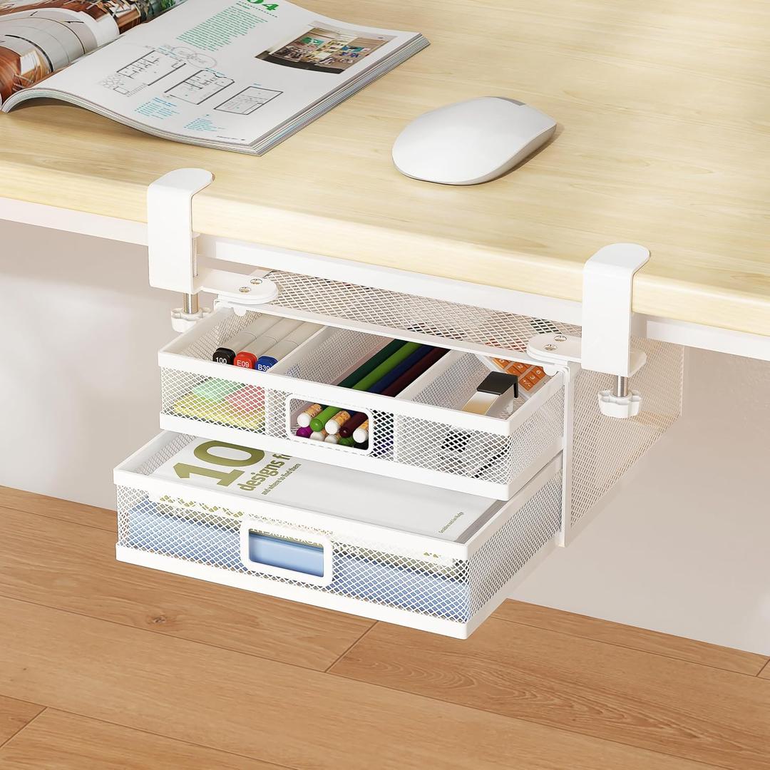 Sliding Under Desk Drawer Organizer No Drilling 2 Drawers Slide Out Desktop Or Under Table Storage Metal Clamp On Desk Drawer Attachment Anti-Slip Desktop Organizer for Home & Office, White
