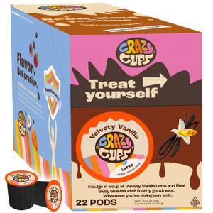 Crazy Cups Velvety Vanilla Latte Pods - Single Serve for Keurig K Cup Brewers, 22 Count (EXP 07/25/27)