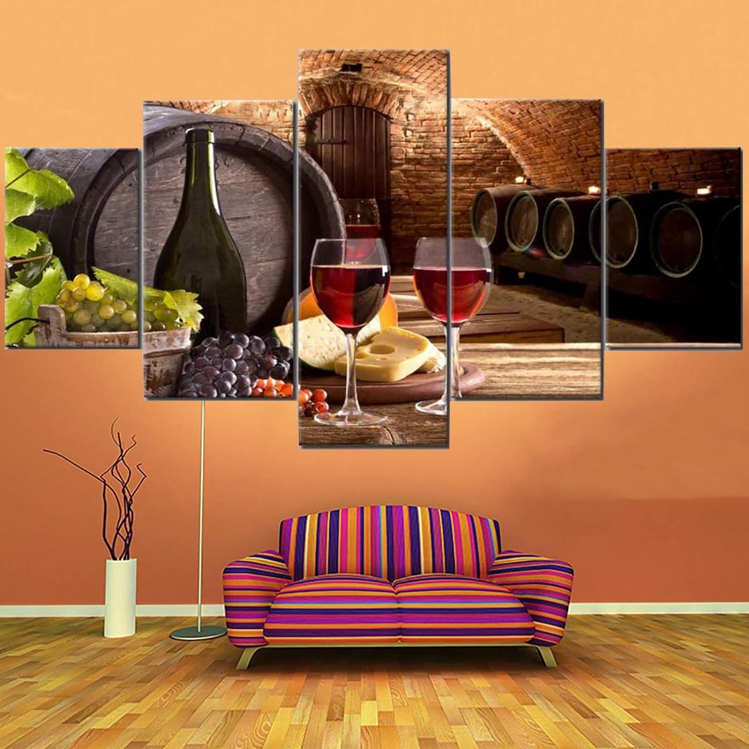 Fu-Keivy Wine Wall Art Decor for Kitchen Dining Room Grapes Fruit Canvas Wine Bottle Pictures 5 Piece Paintings Modern Artwork Decorations Cellar with Barrel and Glass Wooden Framed (60''W x 40''H)