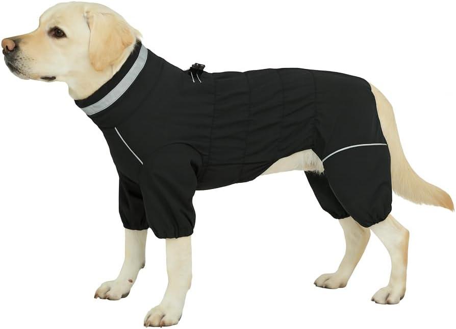 Winter Waterproof Dog Snowsuit  Full Body Outdoor Jacket with Leash Ring, Fleece Lining, Windproof Reflective 4-Leg Dog Coat for Small to Large Dogs Black XXL (XXL (Back Length 19.5"))
