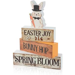 Spring Easter Dec Bunny Wooden Tabletop Decor with Easter Joy/Bunny Hop/Spring Bloom Signs, Spring Farmhouse Spring Table Decorations for Home Indoor, Green Purple Beige Wood Blocks Set of 4