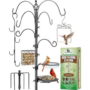 Gray Bunny Bird Feeder Stand for Outside, 6-Hooks, 91" Bird Feeder Station, Multi Pole Kit with Bird Bath, Mesh Tray, Suet Cage, Hummingbird Swing, & Fat Ball Hanger, 5-Prong Base