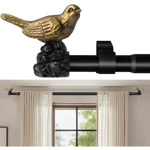 Vintage Black Curtain Rod 18 to 45 Inches Curtain Rods for Windows Adjustable Heavy Duty Drapery Rod with Gold Bird Finials for Kitchen Window Living Room