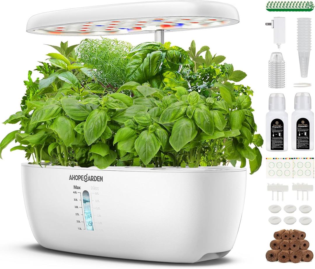 Ahopegarden Indoor Garden Hydroponics Growing System: 12 Pods Plant Germination Kit Herb Garden Kit Growth Lamp Countertop with LED Grow Light Hydrophonic Planter Grower Harvest Vegetable Lettuce (White)