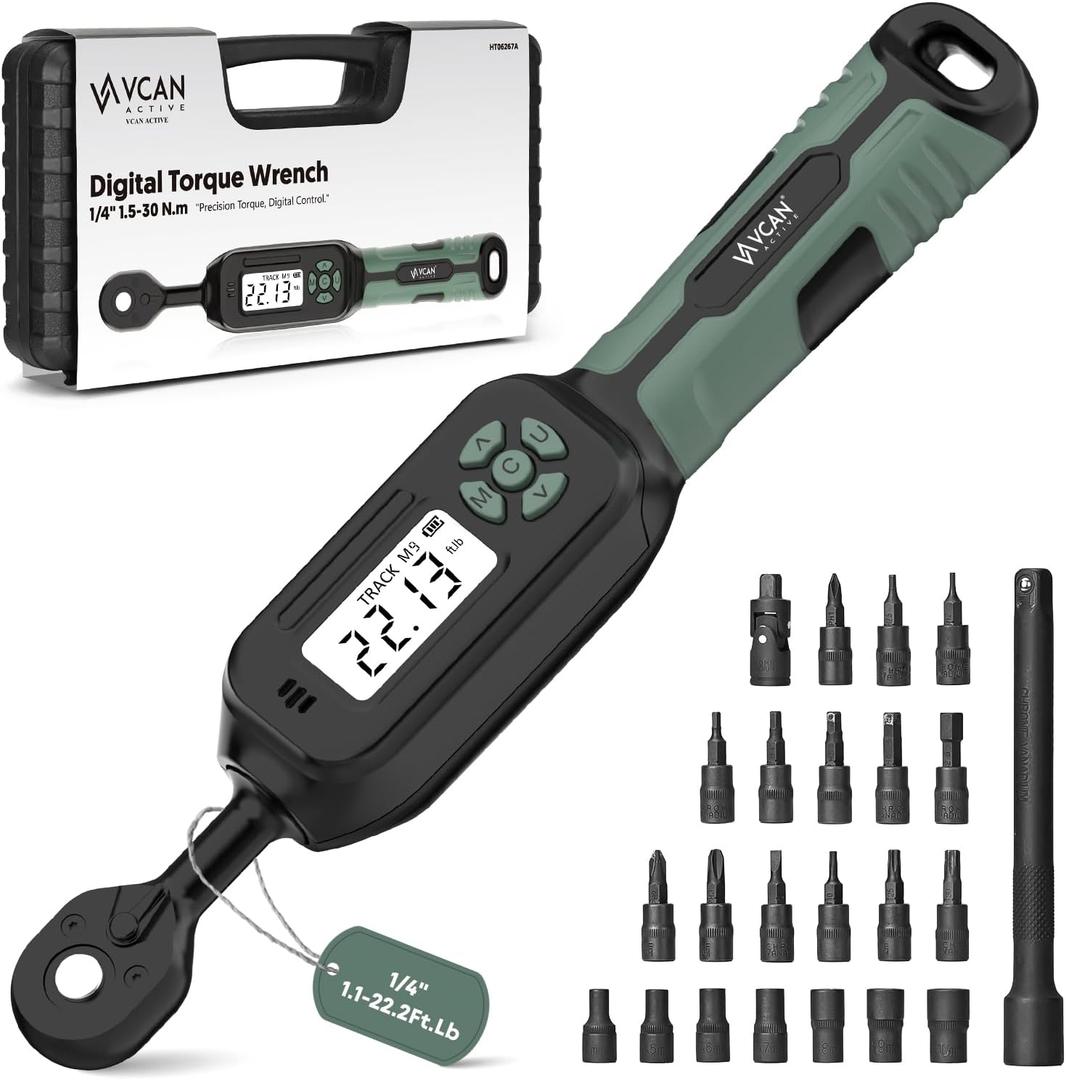 1/4 Torque Wrench Digital(1.1-22.2Ft.Lb) 2% Accuracy Digital Torque Wrench 1/4 Drive with Buzzer and LED Flash Track Mode Inch Pound Torque Wrench Set with Bits & Sockets for Bike Moto Gunsmithing