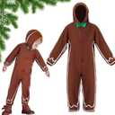 Geyoga Gingerbread Man Costume for Kids Home Clothing Christmas Gingerbread Outfit Bodysuit Hooded Unisex (10-12 Years, Brown)